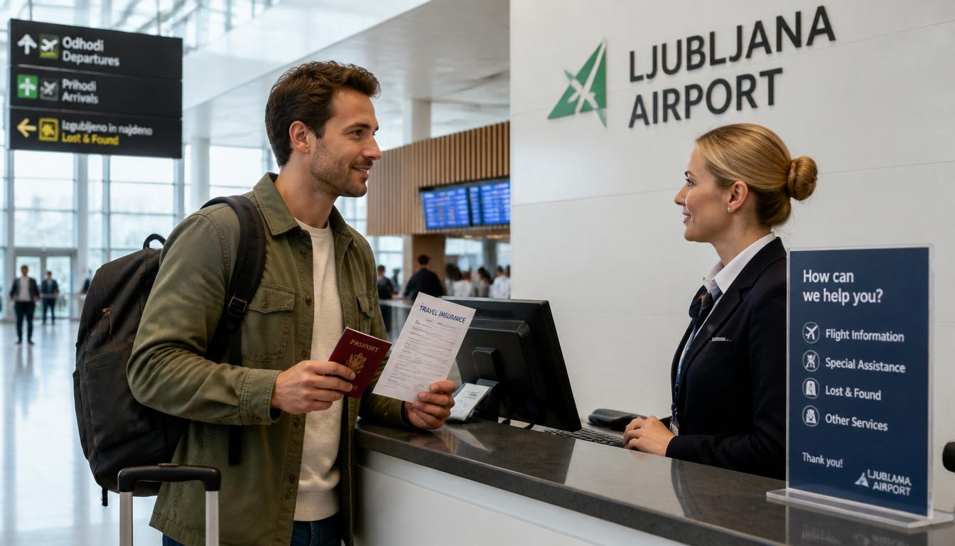 Bagagem no aeroporto com seguro viagem para a Eslovênia em 2026