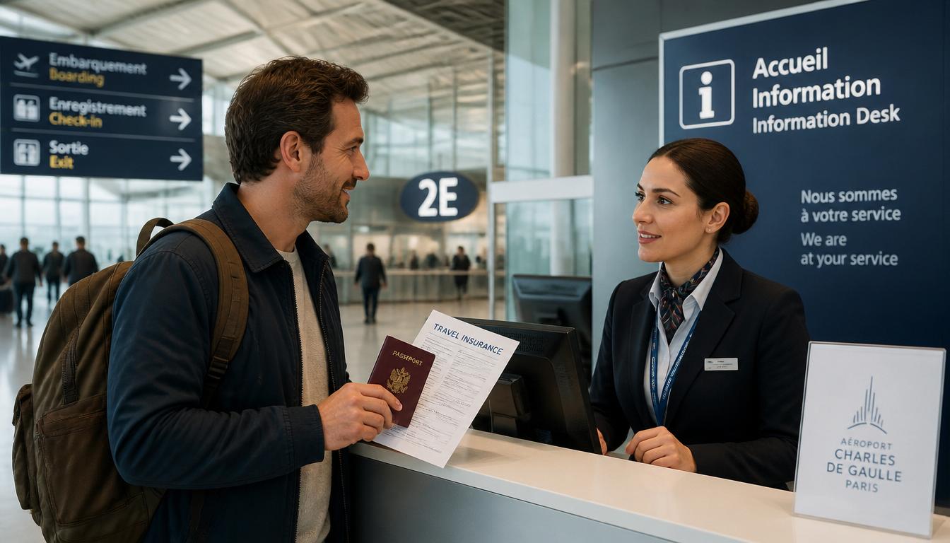 Turista brasileiro com bagagem no aeroporto de Paris aguardando assistência do seguro viagem para a França