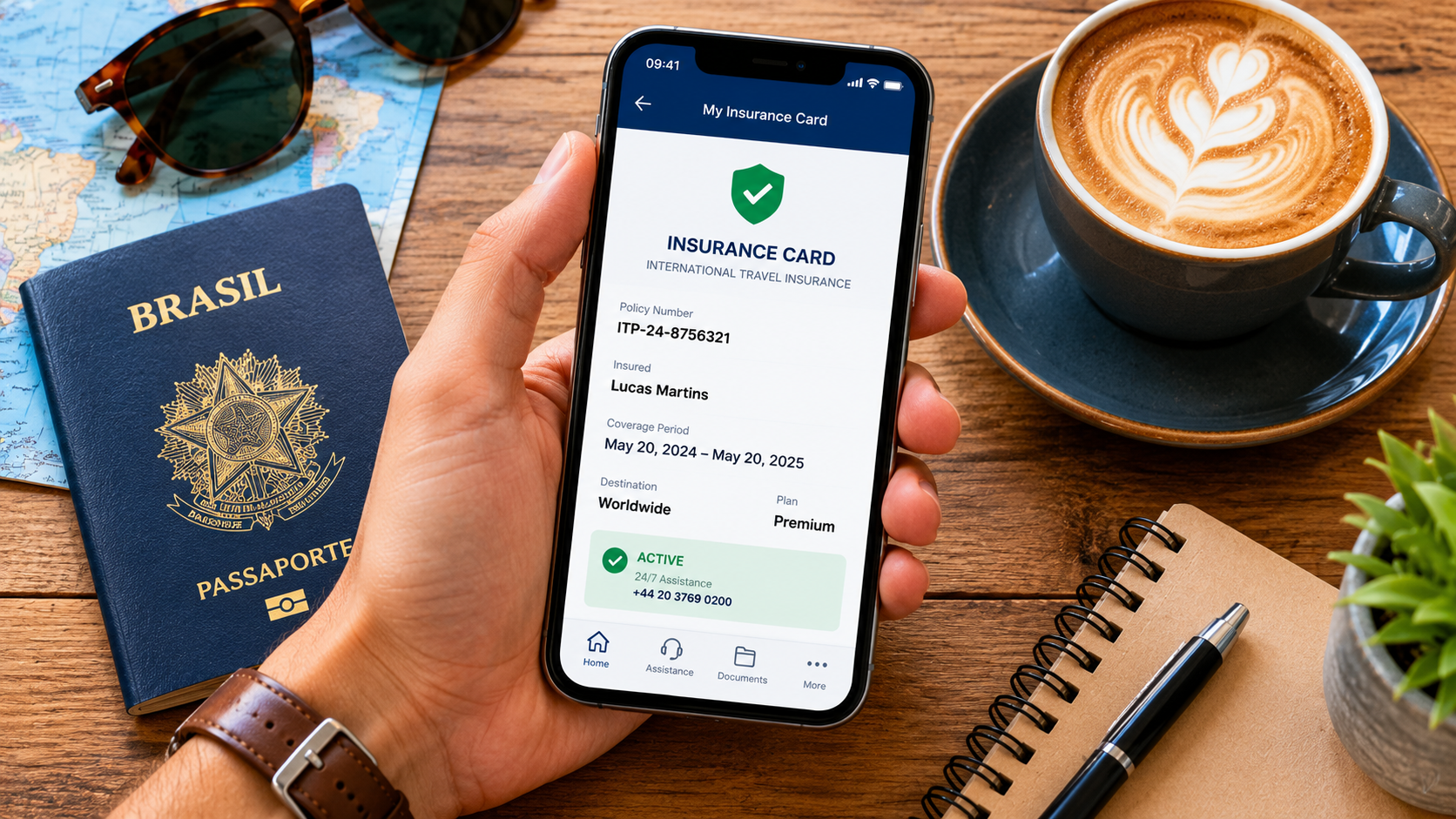 Apólice do seguro viagem para Guiana Francesa acessada pelo celular durante a viagem