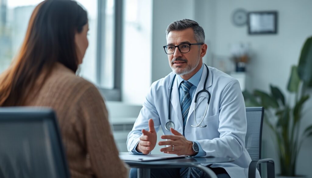 Médico conversando com paciente em consultório moderno, destacando a importância do seguro viagem para venezuela.