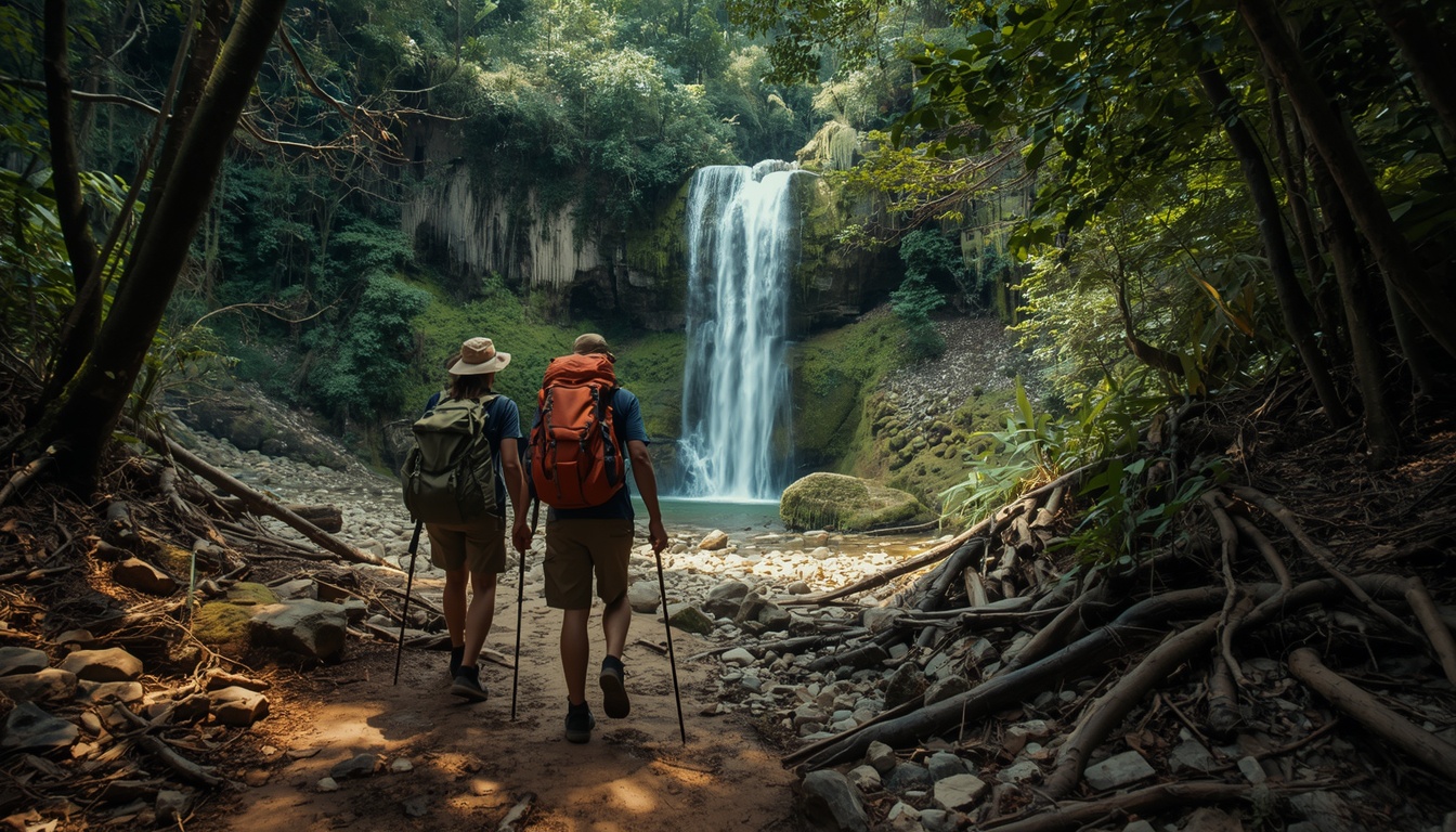 Turista em cachoeiras do Paraguai com seguro viagem para atividades de aventura 2026