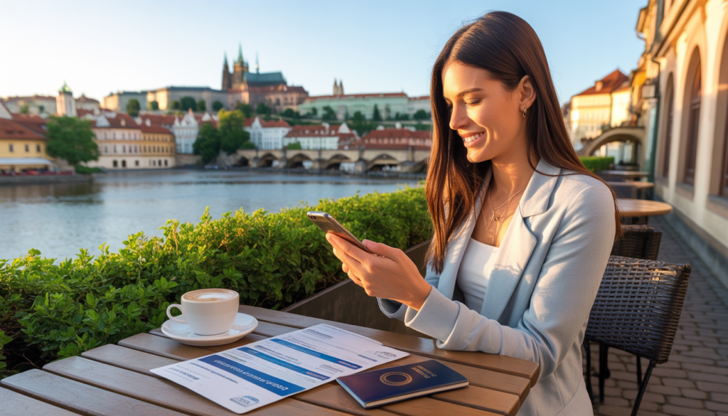 Jovem brasileira revisando apólice de seguro viagem e passaporte em café na Old Town de Praga República Tcheca com o Castelo de Praga ao fundo em tarde ensolarada