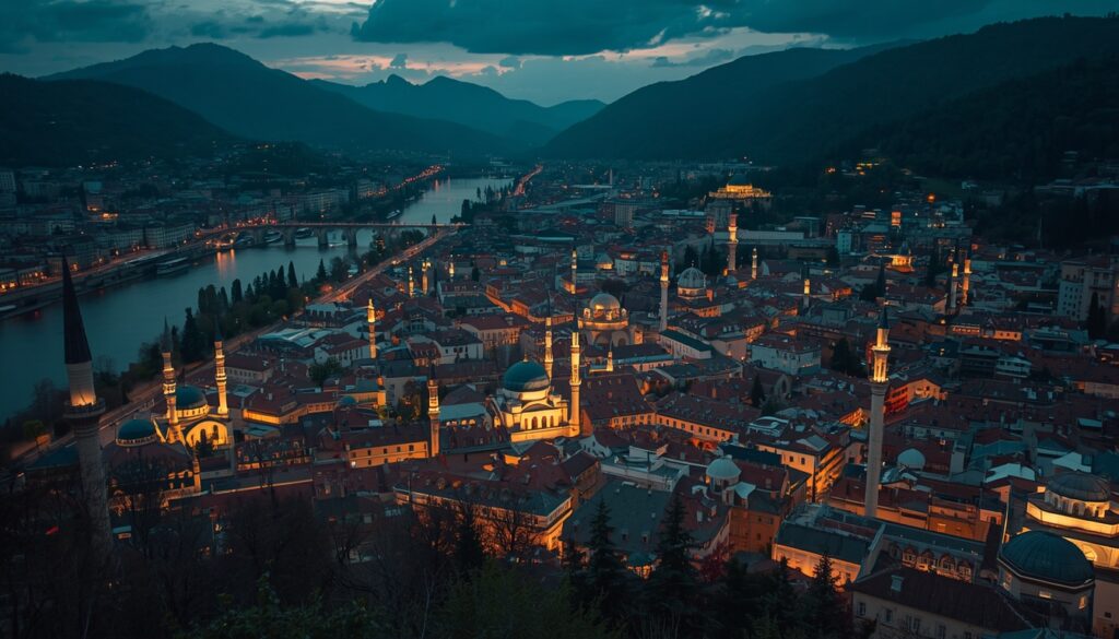 Seguro Viagem para Bósnia e Herzegovina 2026: Guia Completo Vista panorâmica do centro histórico de Sarajevo, capital da Bósnia e Herzegovina, com minaretes e telhados antigos