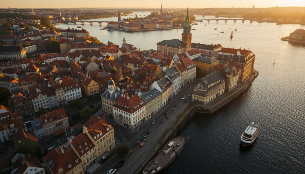 Vista aérea do centro histórico de Gamla Stan em Estocolmo, Suécia — seguro viagem Suécia obrigatório para brasileiros 2026