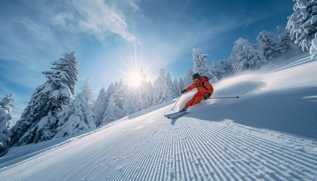 Esquiador descendo pista nevada na Suécia no inverno — seguro viagem Estocolmo 2026 com cobertura para esportes de inverno