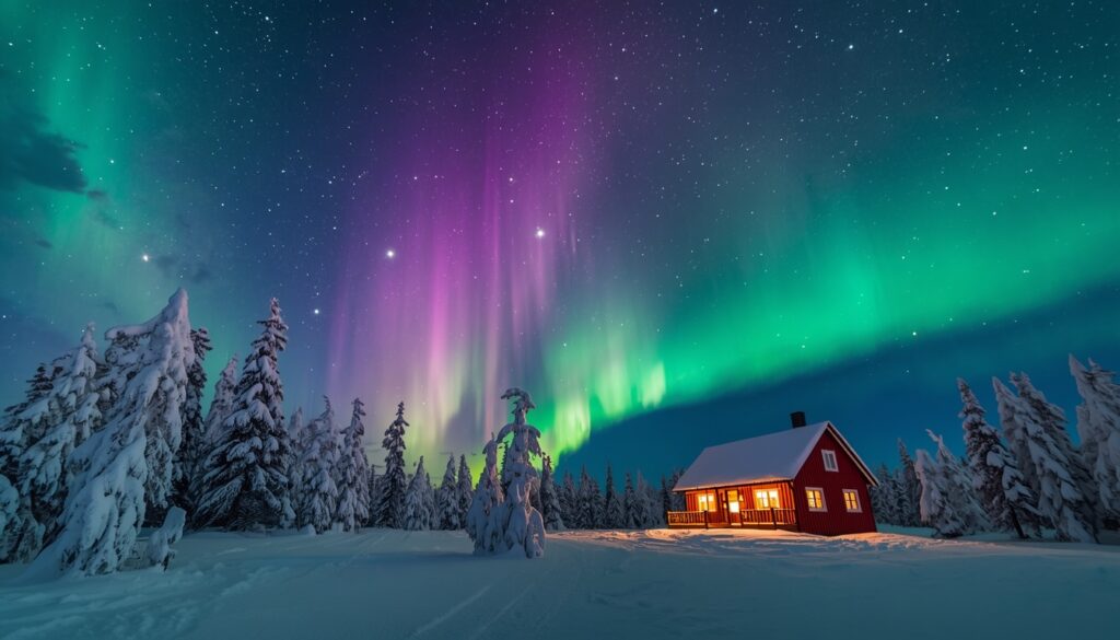 Aurora boreal sobre paisagem nevada da Lapônia sueca no inverno — melhor seguro viagem para Suécia com cobertura para regiões remotas