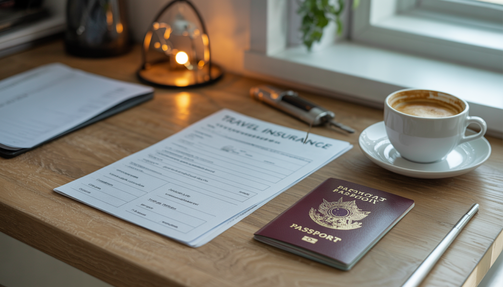 Passaporte brasileiro e documento de apólice de seguro viagem sobre mesa — seguro viagem Suécia obrigatório Schengen para brasileiros