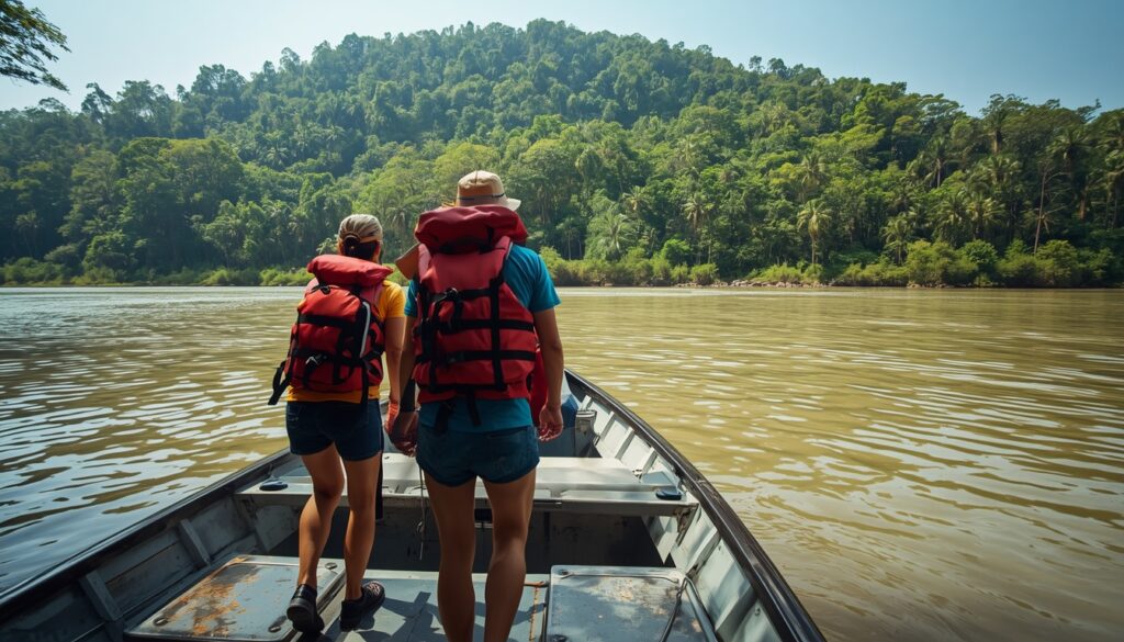 Turistas de colete salvador subindo em barco no rio, justificando o uso do seguro viagem suriname em esportes.