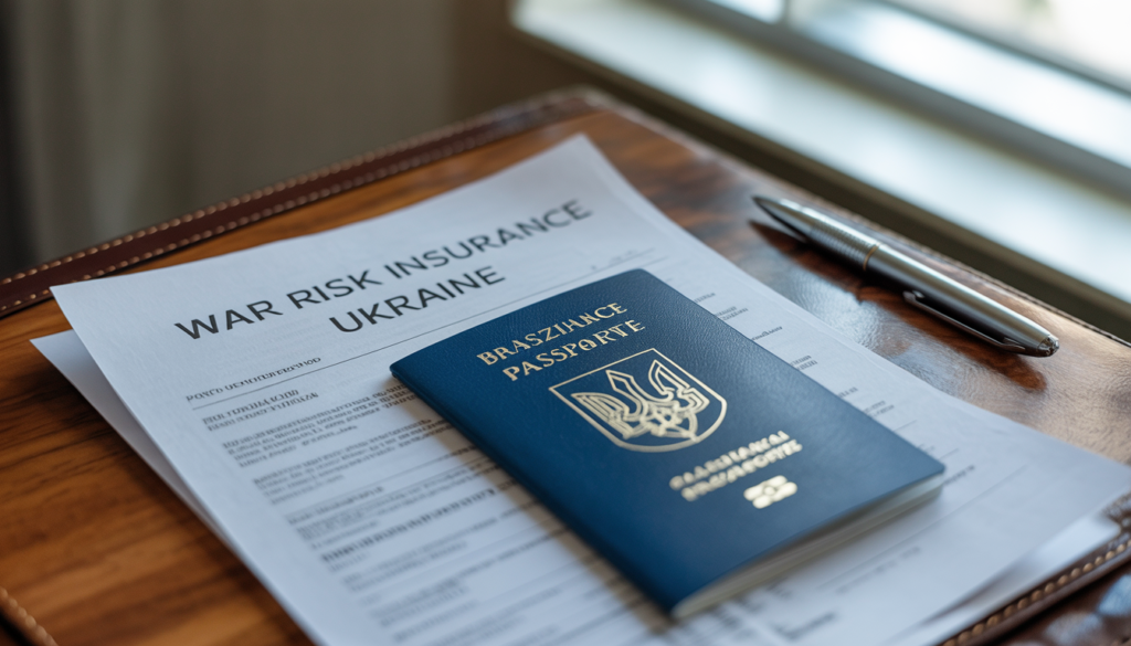 Apólice de seguro de riscos de guerra para Ucrânia impressa sobre mesa com passaporte brasileiro, documento obrigatório para entrar na Ucrânia em 2026