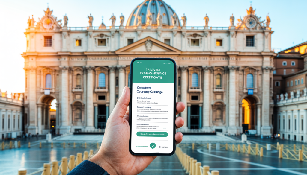 Apólice de seguro viagem digital com a Basílica de São Pedro no Vaticano ao fundo — guia completo sobre seguro viagem para o Vaticano em 2026