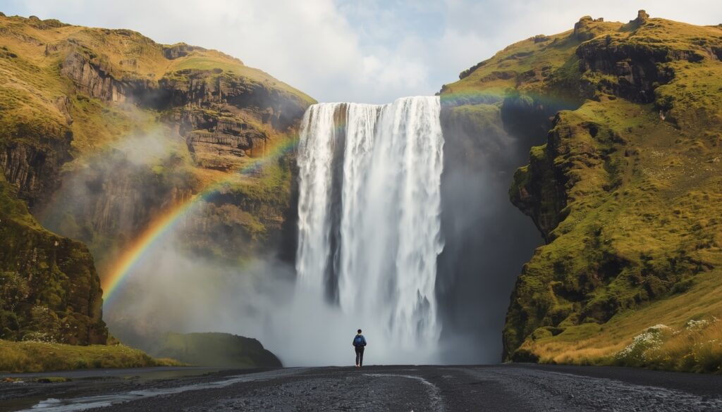 viajar para Islândia Cachoeira Skógafoss com arco-íris e turistas na base na Costa Sul da Islândia 2026