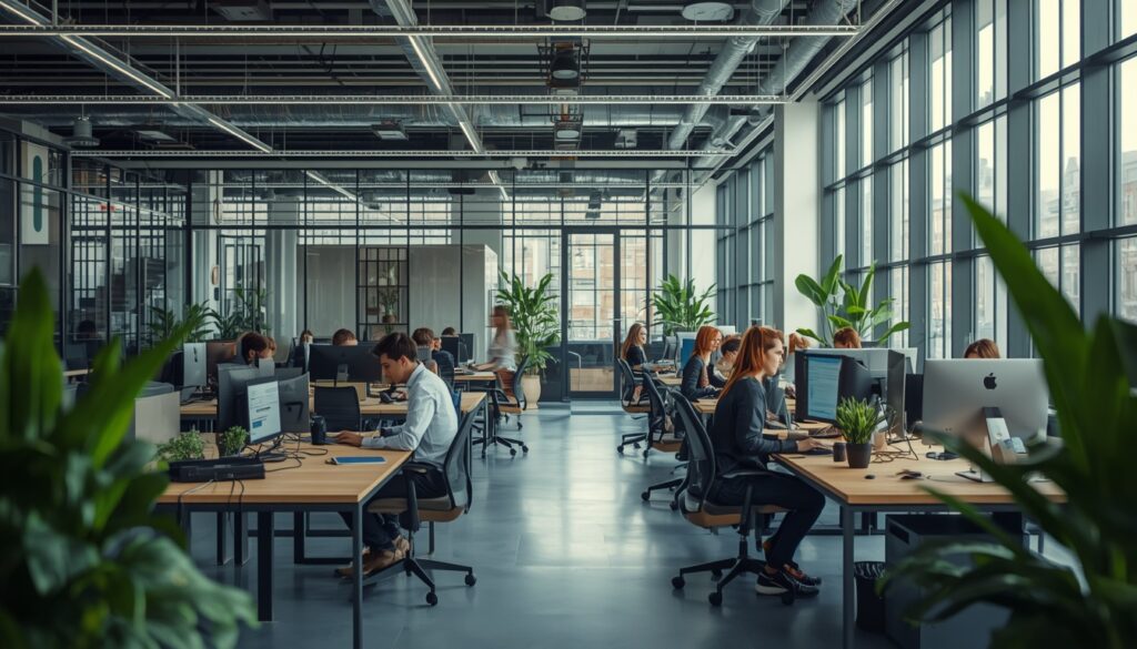 trabalhar na Estônia Interior de escritório moderno de startup em Tallinn com mesas compartilhadas, paredes de vidro e ambiente de trabalho colaborativo