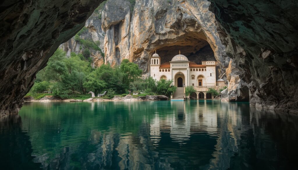 Seguro Viagem para Bósnia e Herzegovina 2026: Guia Completo Mosteiro dervixe Tekija de Blagaj construído sobre rocha calcária na nascente do Rio Buna na Bósnia e Herzegovina, água turquesa emergindo de caverna com arquitetura otomana do século XVI