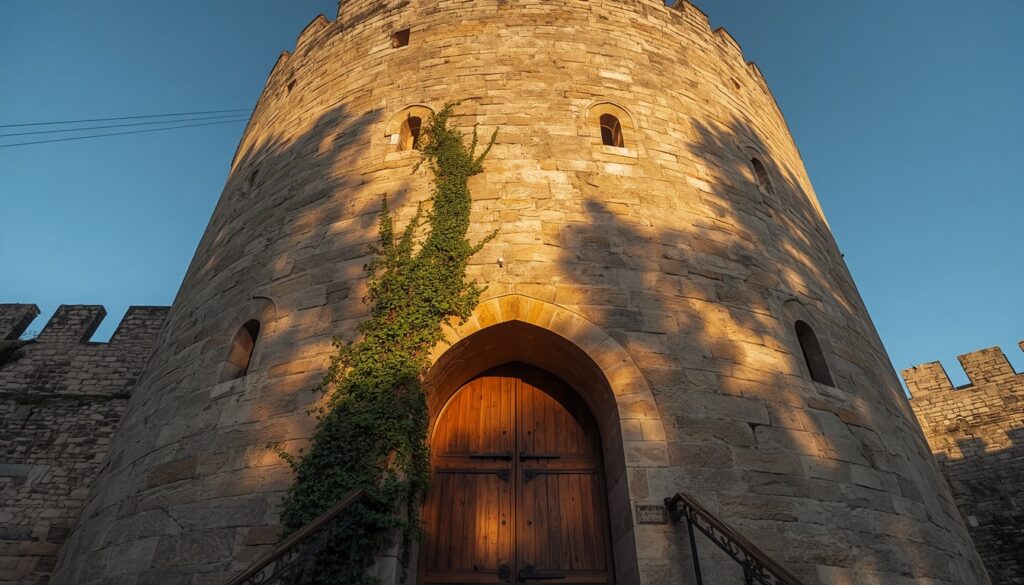 Torre Guaita de San Marino vista de perto com pedras medievais do século XI e céu azul ao fundo