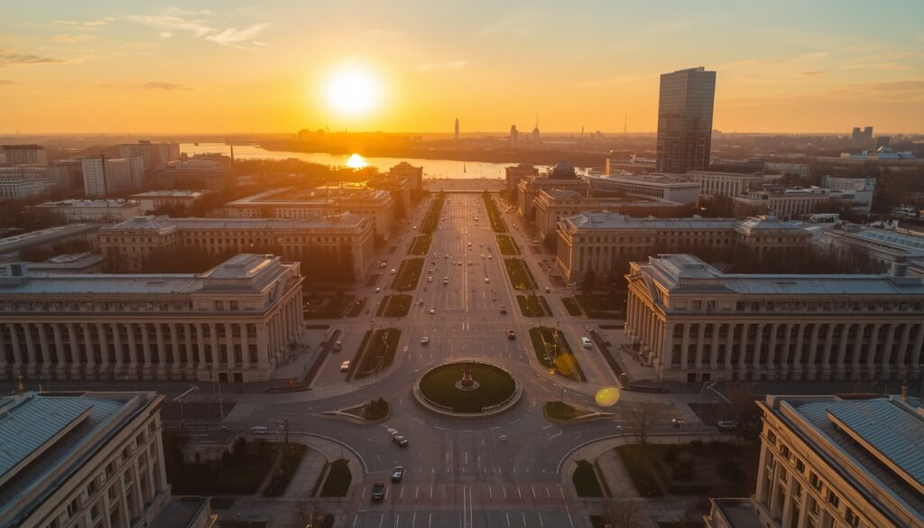 Trabalhar em Belarus — vista panorâmica de Minsk com a Avenida da Independência e arquitetura soviética ao entardecer, capital onde se concentram as oportunidades de emprego para estrangeiros