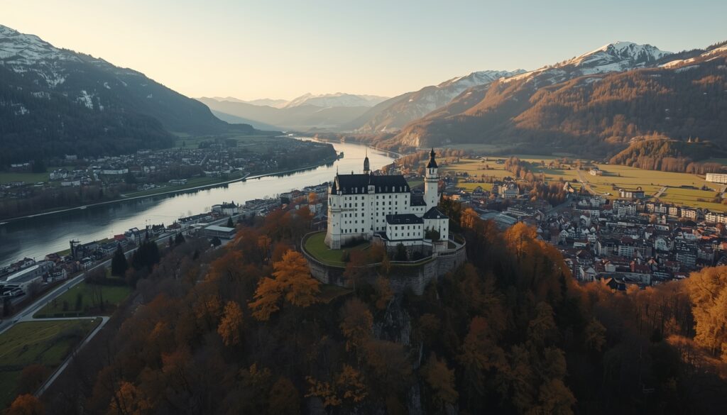 Vista aérea de Vaduz, capital de Liechtenstein, com o Castelo de Vaduz ao fundo e os Alpes — destino para quem quer trabalhar em Liechtenstein