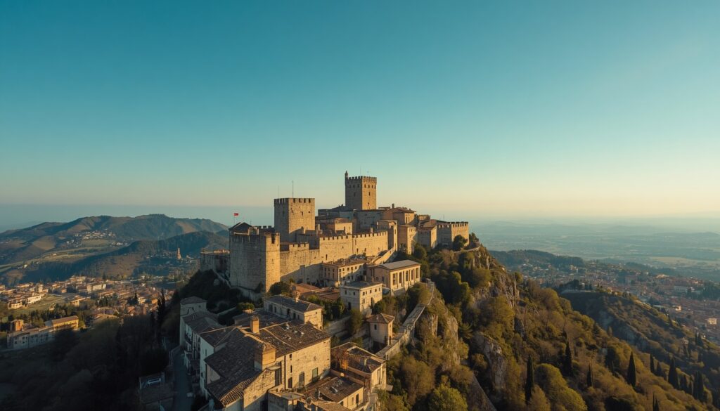 Vista panorâmica da cidade de San Marino com as Torres Guaita ao fundo, destino para brasileiros que querem trabalhar na Europa em 2026