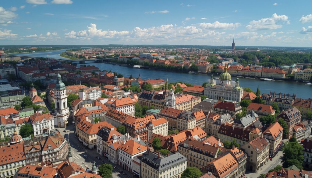 Rua do centro histórico de Riga na Letônia com arquitetura Art Nouveau tombada pela UNESCO, capital onde brasileiros podem trabalhar na Europa