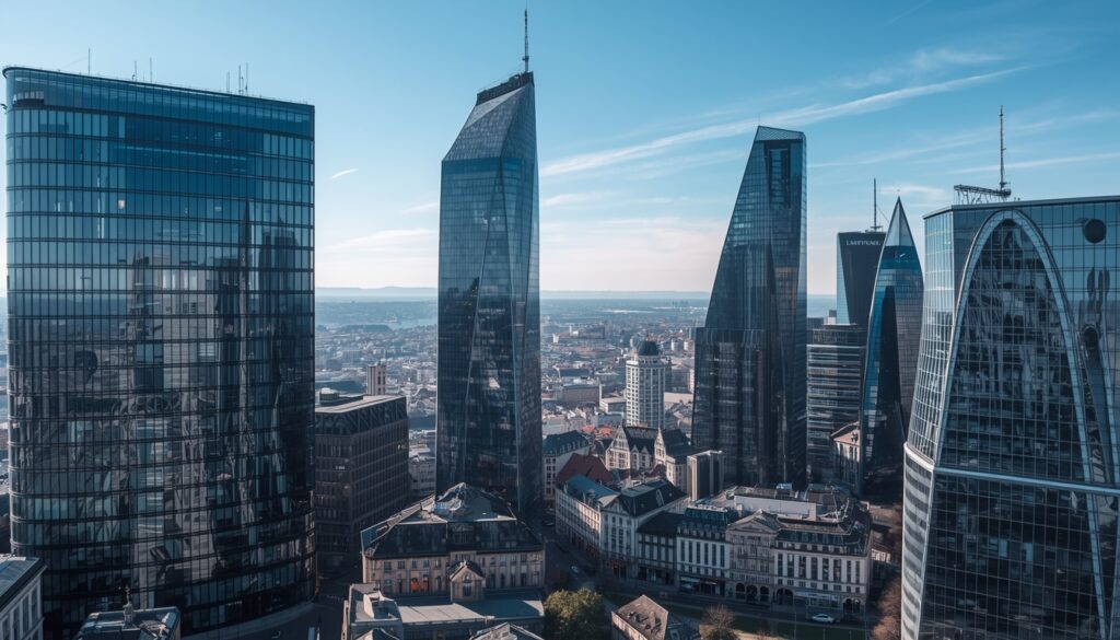 Skyline do distrito financeiro de Kirchberg em Luxemburgo com arranha-céus modernos e sede de bancos internacionais, centro de finanças europeu em 2026