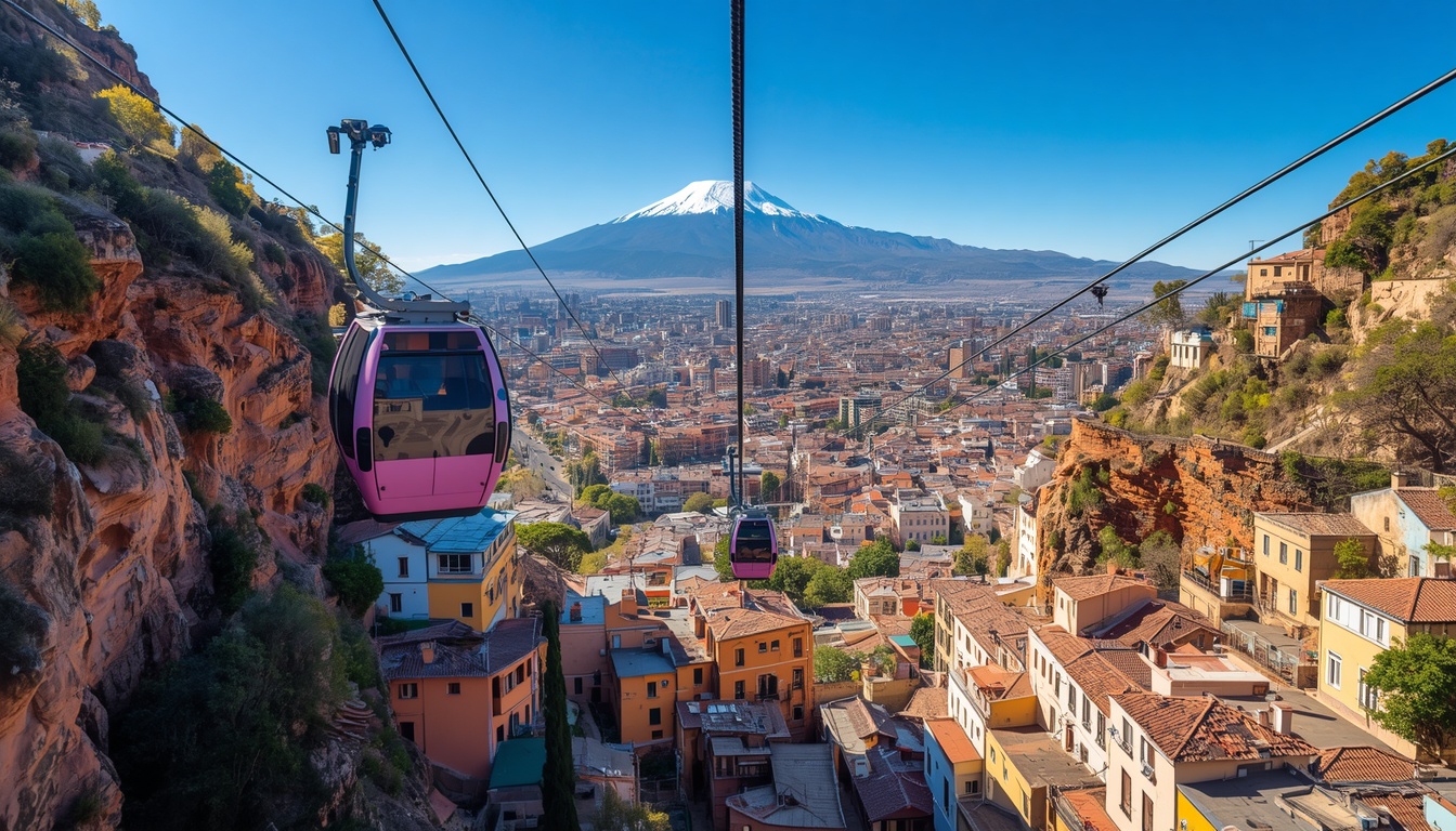 Trabalhador brasileiro olhando para o teleférico Mi Teleférico de La Paz, Bolívia, símbolo do mercado de trabalho e mobilidade urbana em 2026