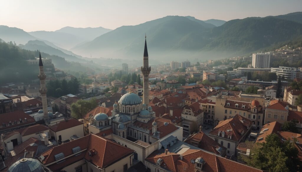 Vista panorâmica de Sarajevo com minaretes, cúpulas ortodoxas e arquitetura austro-húngara ao fundo dos montes — capital da Bósnia e Herzegovina e principal destino para quem quer trabalhar no país