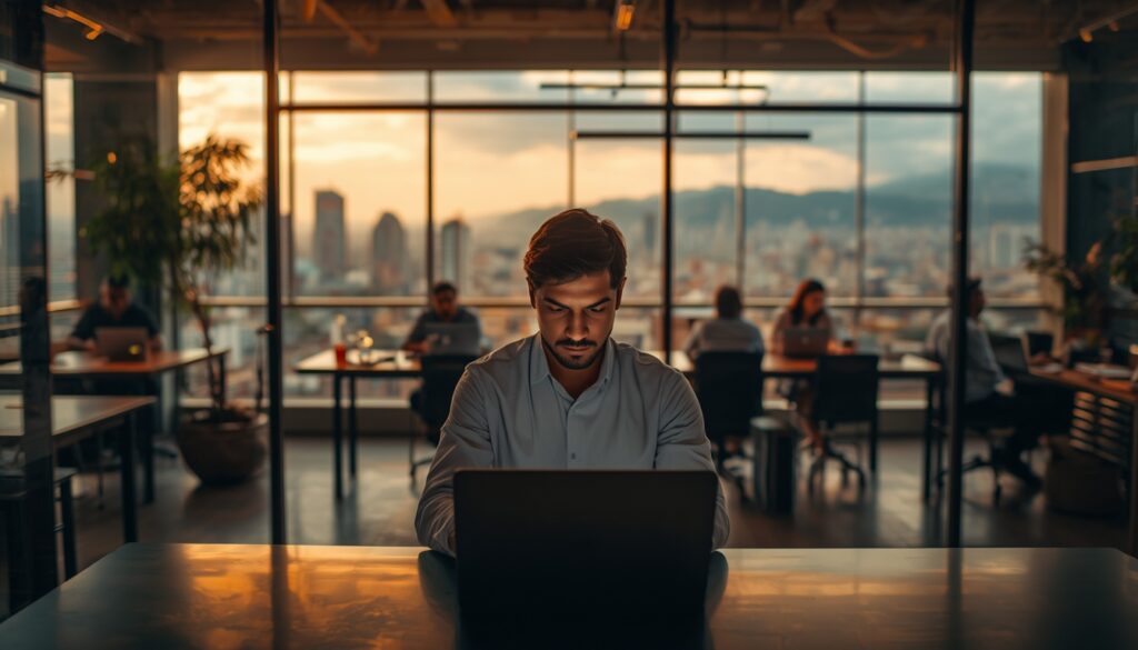 Trabalhador brasileiro em coworking moderno em Bogotá, Colômbia, em 2026