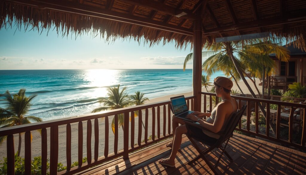 Trabalhar na Costa Rica em 2026: Guia Completo Para Brasileiros Pessoa trabalhando com notebook na varanda de um hotel em frente à praia, refletindo o estilo de trabalhar na Costa Rica.
