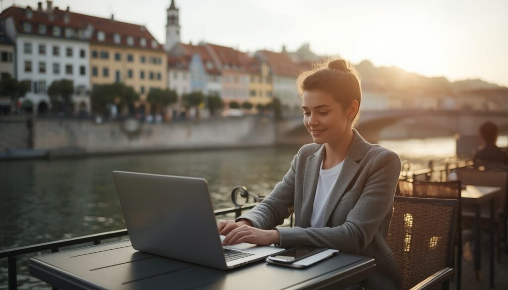 Como Trabalhar na Eslovênia em 2026? Vagas, Visto e Salários Profissional relaxando em um café ao ar livre em Liubliana após o expediente de trabalho na Eslovênia.