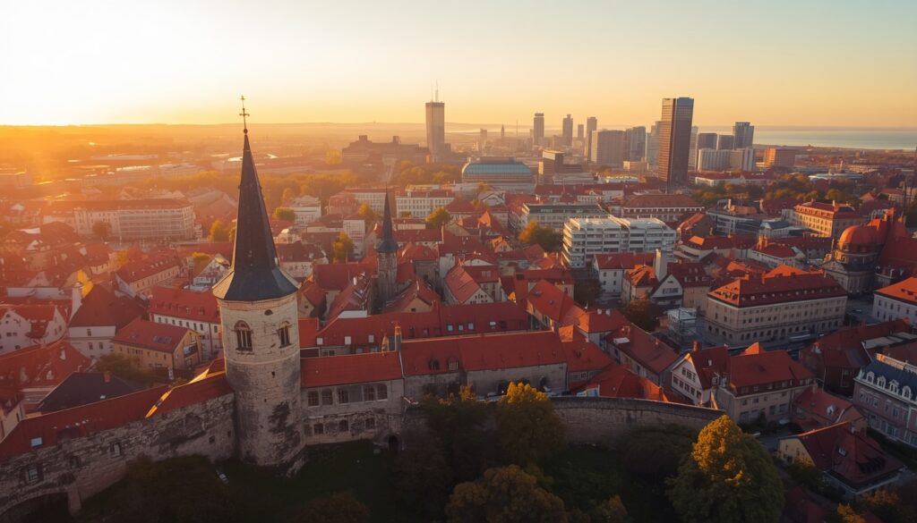 Skyline de Tallinn com as torres medievais da Cidade Velha em primeiro plano e os edifícios modernos do centro de negócios ao fundo
