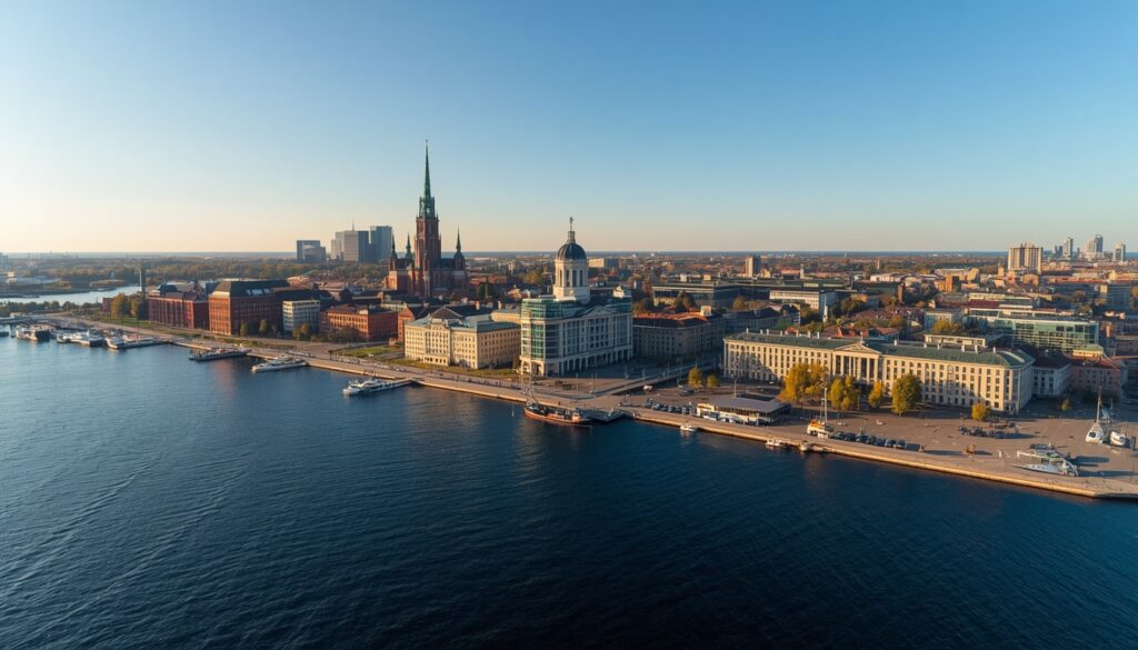 Vista panorâmica de Helsinki com o porto, a Catedral e os edifícios modernos ao fundo em dia de verão