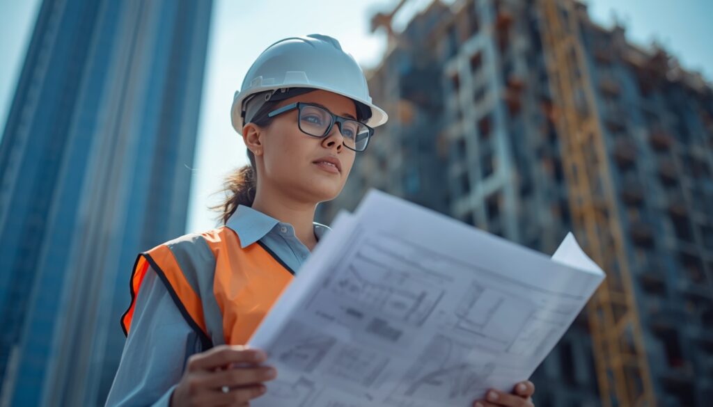 Engenheira com capacete branco inspecionando obra civil, representando vagas para trabalhar na Guiana.