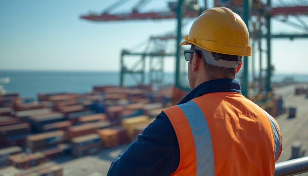 Trabalhar na Guiana Francesa em 2026: Guia para Brasileiros Operador logístico com rádio comunicador acompanhando contêineres no porto, mostrando o setor de transporte ao trabalhar na Guiana Francesa.