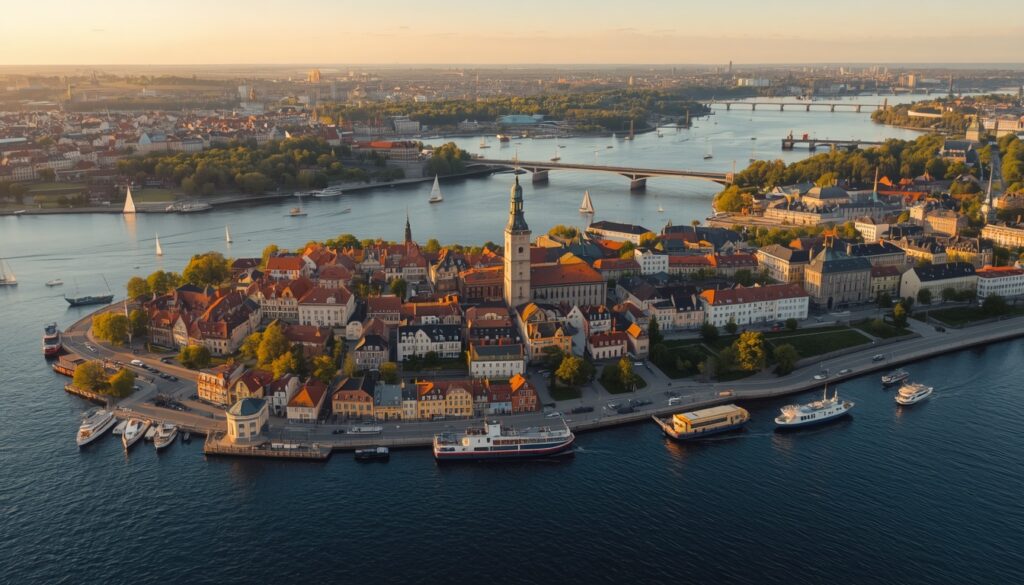 Morar na Suécia 2026: Guia Completo para Brasileiros Vista do centro de Estocolmo com prédios históricos e modernos refletidos na água, a cidade onde se concentram as melhores oportunidades para quem quer trabalhar na Suécia