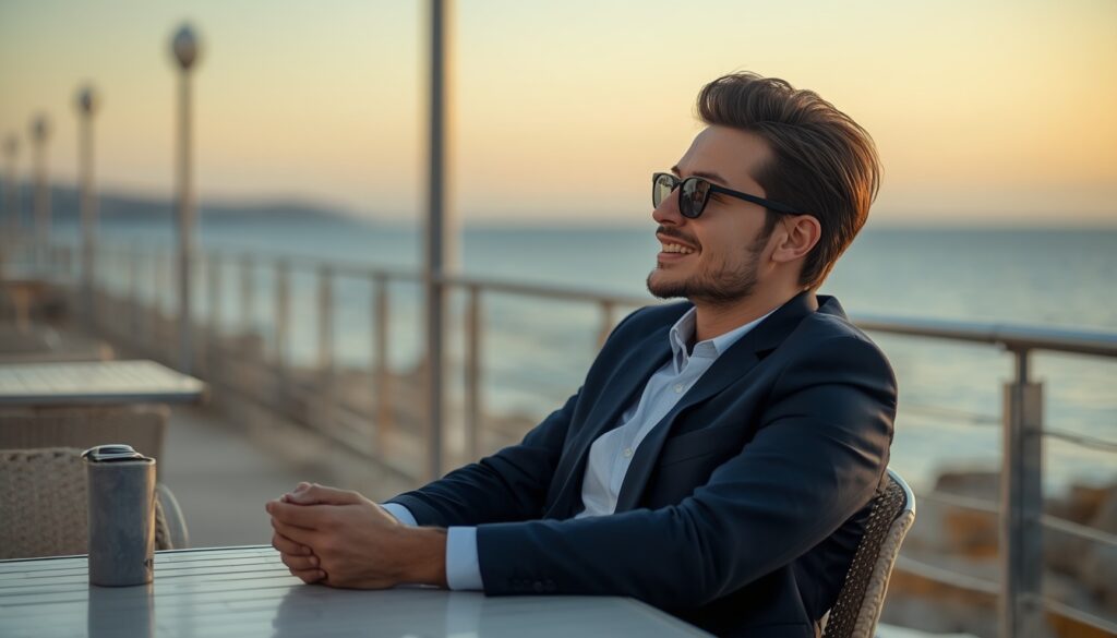 Trabalhar no Chipre em 2026: Vagas, Salários e Vistos Profissional descansando no fim do dia em uma cafeteria à beira-mar em Nicósia ou Limassol, aproveitando o Chipre.