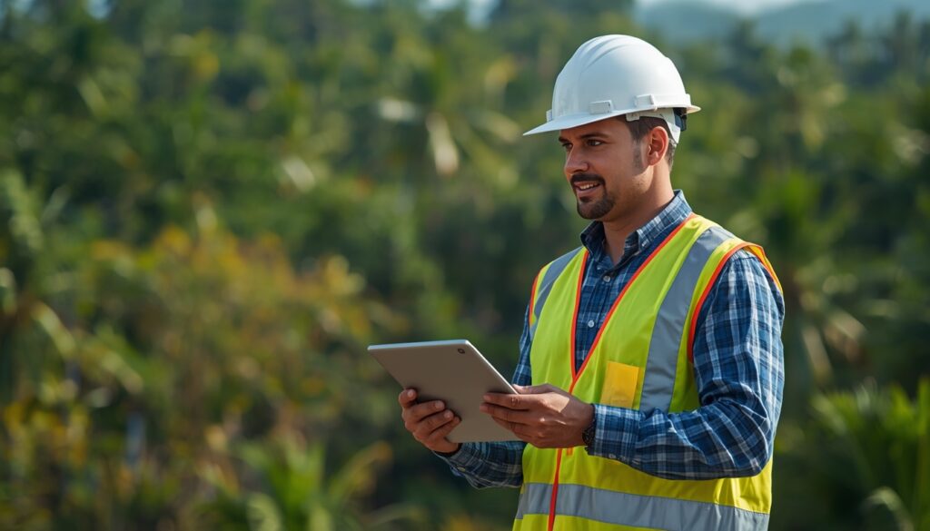 Engenheiro civil com capacete inspecionando projeto de infraestrutura de quem busca trabalhar no Suriname.