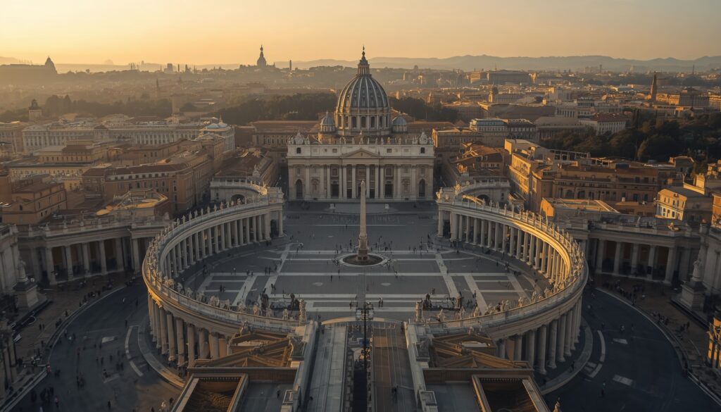 Vista aérea da Praça de São Pedro no Vaticano com a Basílica ao fundo e o centro histórico de Roma ao redor