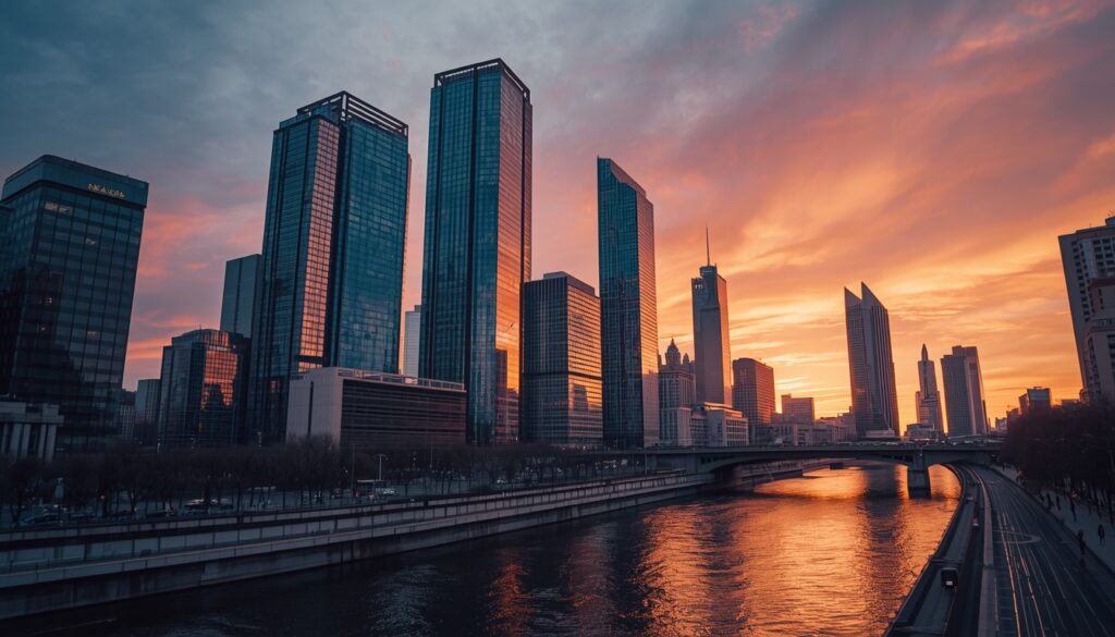 Trabalhar na Rússia — skyline do Centro Internacional de Negócios de Moscou (Moscow City) ao entardecer, com arranha-céus modernos refletindo a luz dourada sobre o Rio Moscou