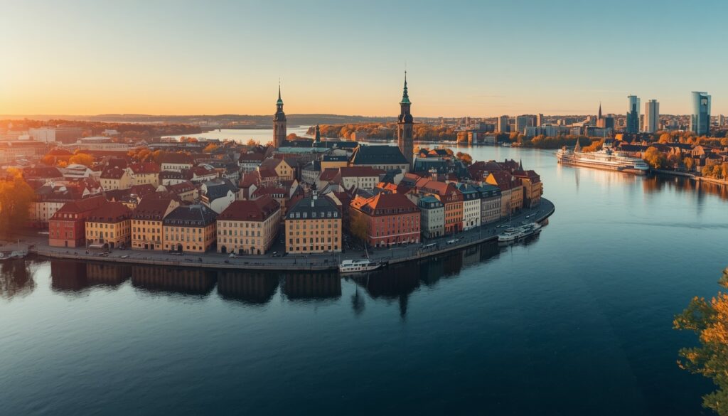 Trabalhar na Suécia em 2026: Guia Completo para Brasileiros trabalhar na Suécia Vista do centro de Estocolmo com prédios históricos e modernos refletidos na água, a cidade onde se concentram as melhores oportunidades para quem quer trabalhar na Suécia