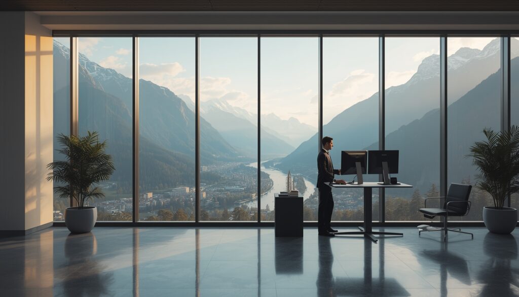 Profissional em escritório moderno em Liechtenstein trabalhando em computador com vista para os Alpes pela janela