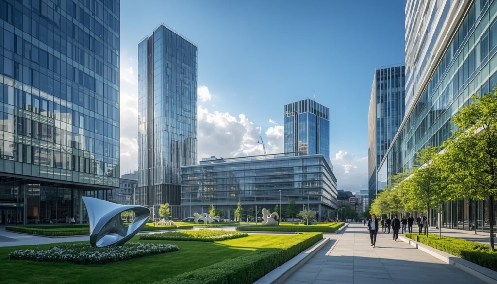 Distrito financeiro de Kirchberg em Luxemburgo com arranha-céus modernos de bancos e fundos de investimento em dia ensolarado