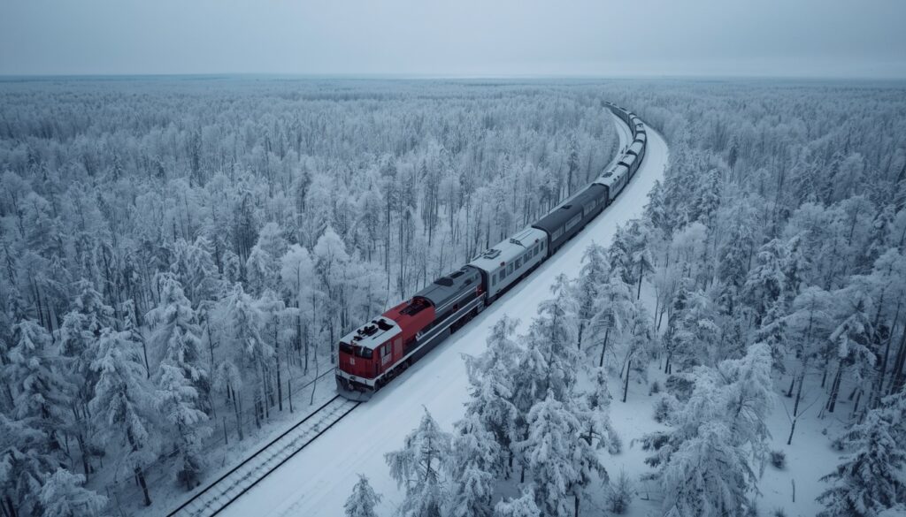 Trem Transiberiano percorrendo paisagem nevada do interior da Rússia — viajantes que fazem essa rota precisam de seguro viagem com cobertura para todo o território russo, incluindo regiões remotas