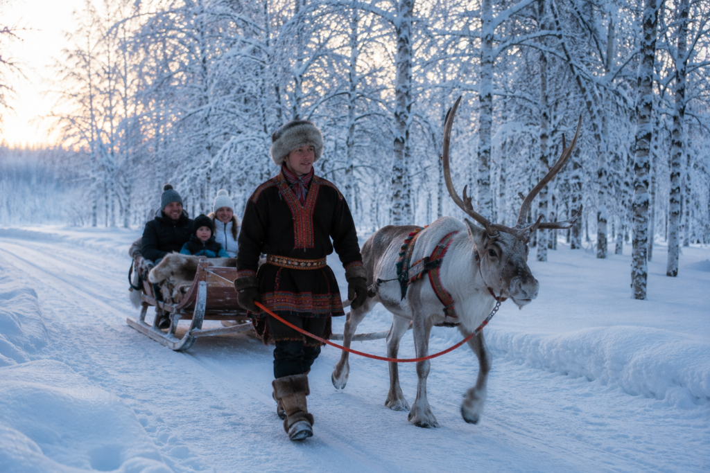 Passeio de trenó puxado por renas em uma floresta nevada de Rovaniemi, na Lapônia finlandesa, uma das atrações mais procuradas por quem viaja para a Finlândia no inverno de 2026