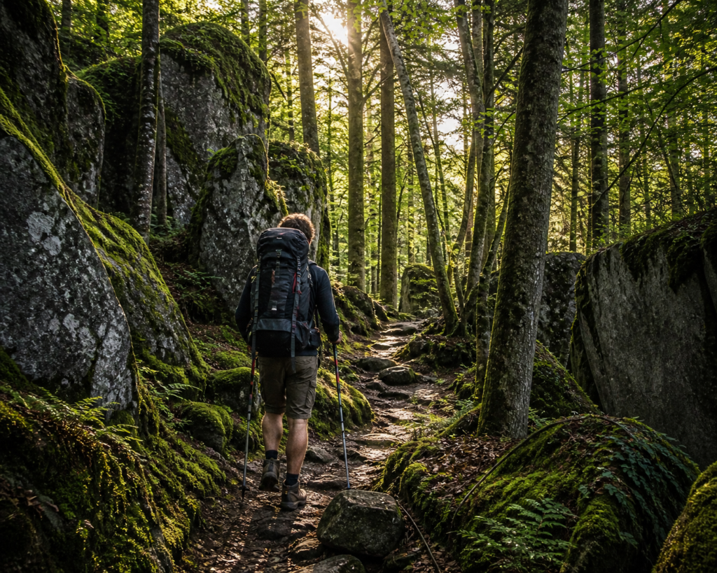 Viajante com equipamento de trilha percorrendo caminho entre rochas e floresta no Parque Natural das Ardenas luxemburguesas, atividade que exige cobertura especial no seguro viagem