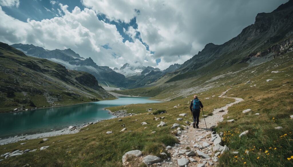Trilheiro caminhando pelo Valle del Madriu-Perafita-Claror em Andorra, Patrimônio Natural da Humanidade pela UNESCO, com paisagem alpina de lagos glaciais e picos pirenaicos