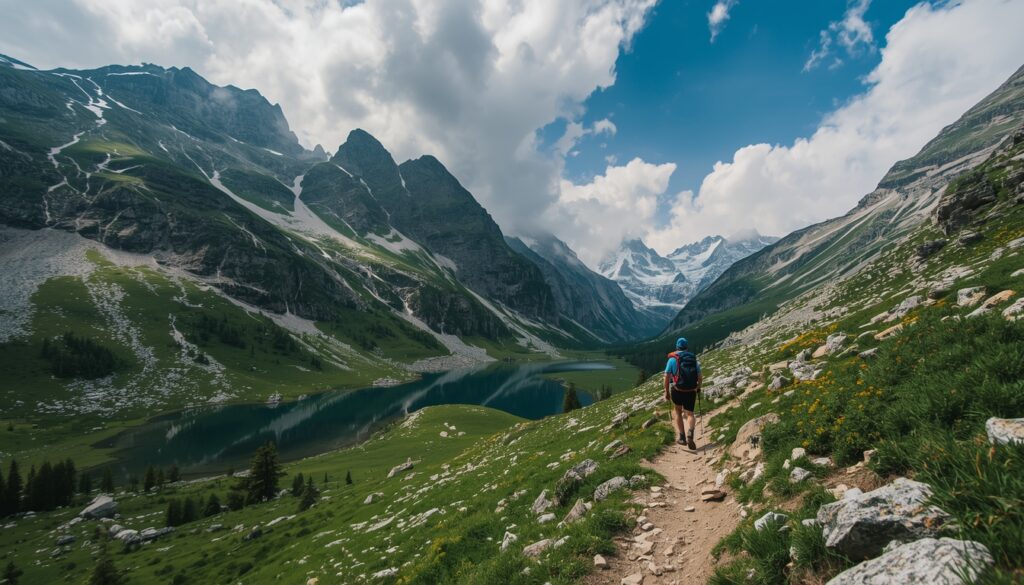 Trilheiro caminhando pelo Valle del Madriu-Perafita-Claror em Andorra, Patrimônio Natural da Humanidade pela UNESCO, com paisagem alpina de lagos glaciais e picos pirenaicos