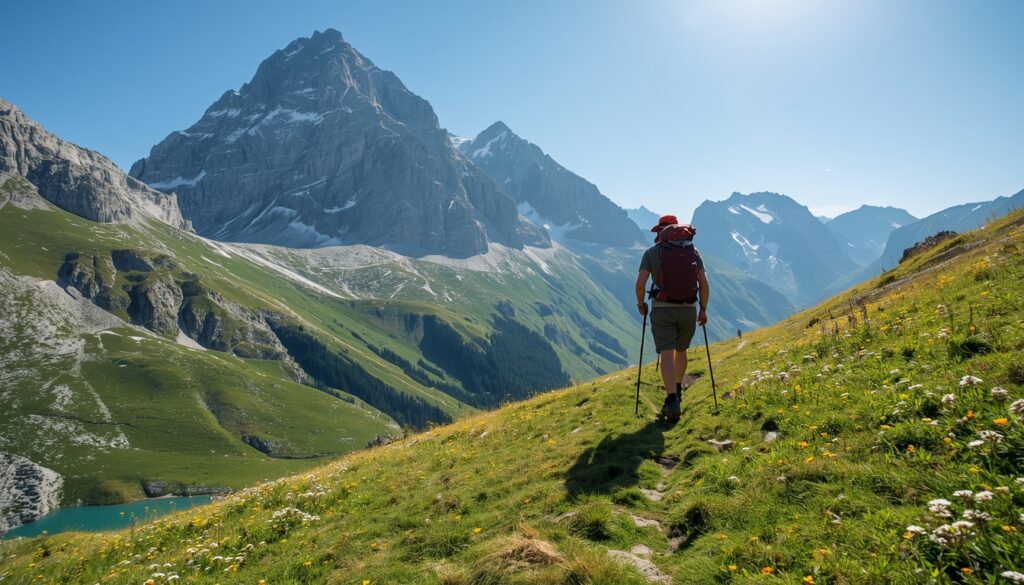 Trilheiro caminhando em sentido alto das montanhas dos Alpes em Liechtenstein, destino popular para ecoturismo e esportes de aventura