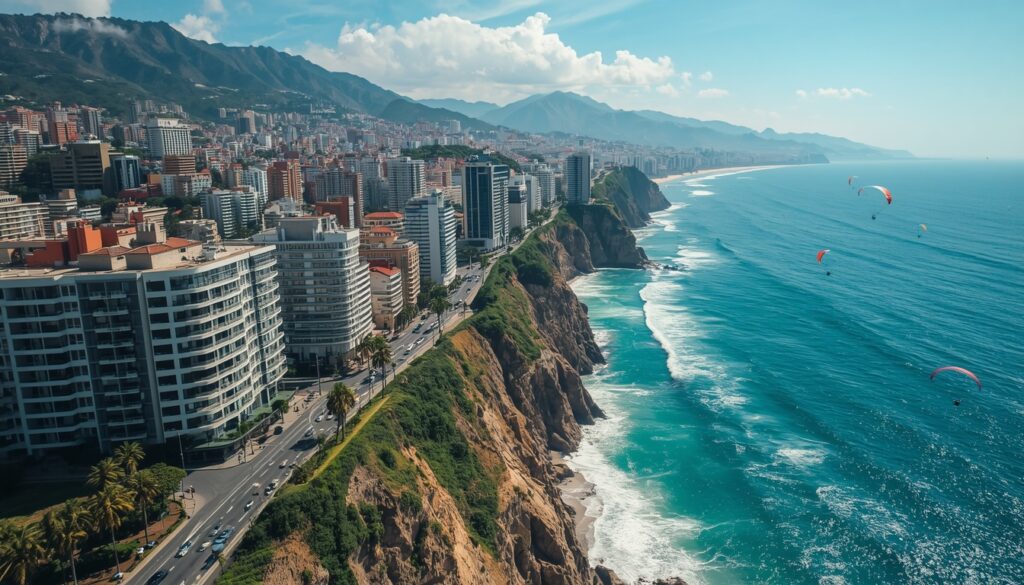 vista aérea de Miraflores em Lima durante turismo no Peru com falésias e oceano pacífico ao fundo