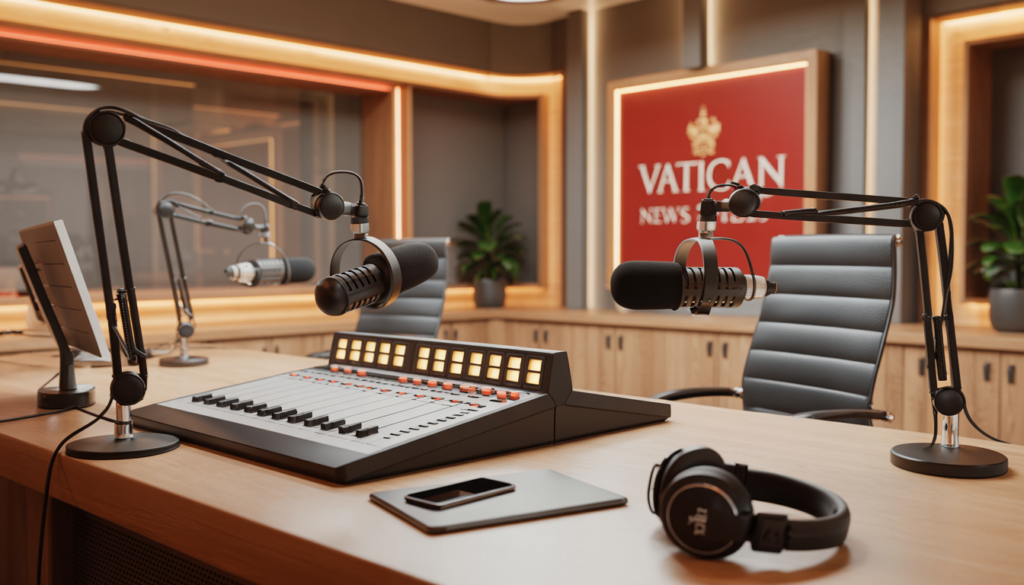 Estúdio de gravação da Vatican News com equipamentos de áudio e logotipo da emissora ao fundo