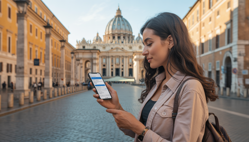 Viajante verificando apólice de seguro viagem no celular com a Via della Conciliazione e a Basílica de São Pedro ao fundo em Roma