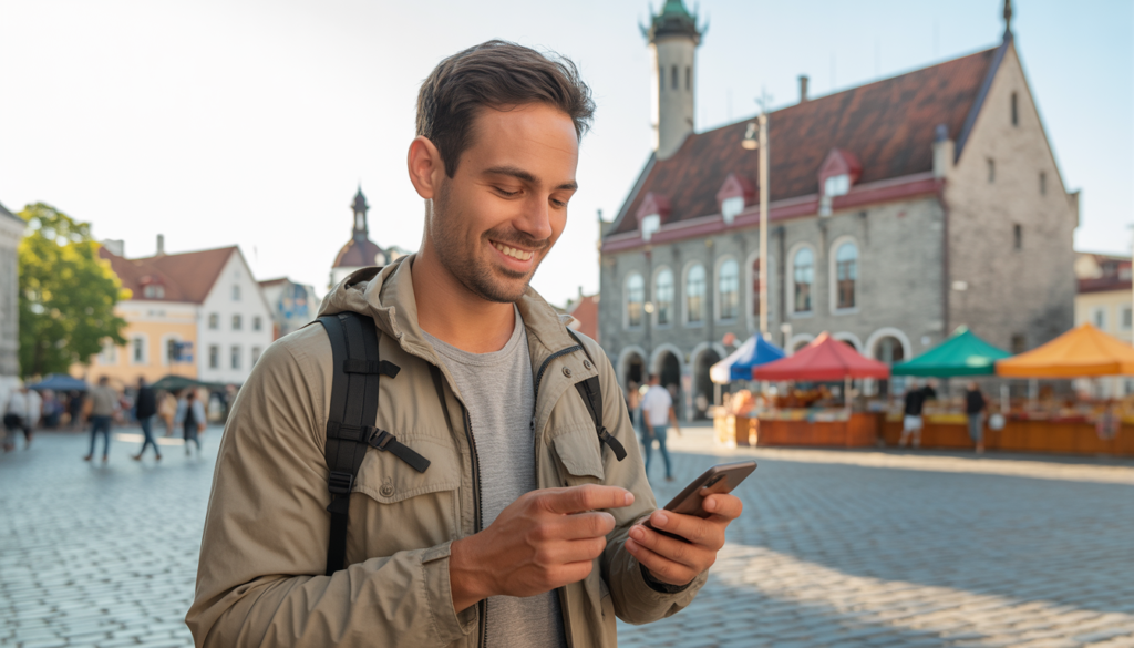 Viajante usando celular com eSIM nas ruas da Cidade Velha de Tallinn, Estônia — conectividade e seguro viagem para brasileiros em 2026
